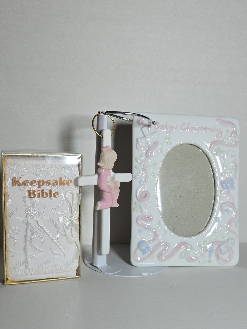 Baby Christening Set Girl's Ceramic Cross, Photo Frame with Keepsake Bible